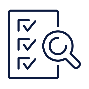 Icon of a document with checkboxes and a magnifying glass, symbolizing audit or review.