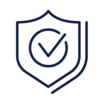 Navy blue icon of a shield with a check mark inside on a white background