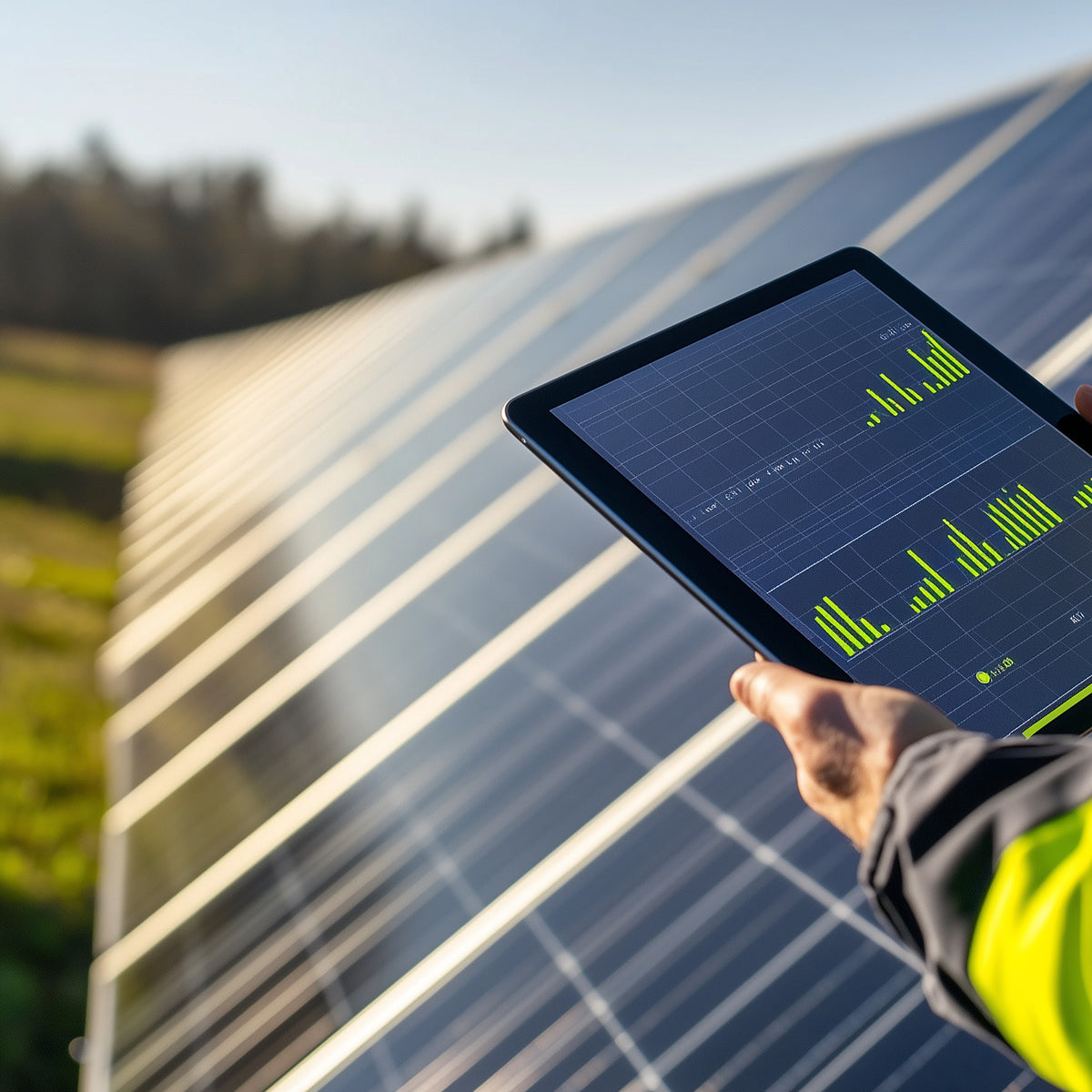 A man's hand holds an electronic tablet with a bright green bar graph on it.  In the background, a blurred out solar panel extends to the back.