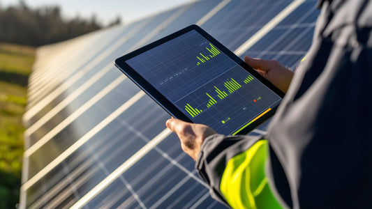 A man's hand holds an electronic tablet with a bright green bar graph on it. In the background, a blurred out solar panel extends to the back.