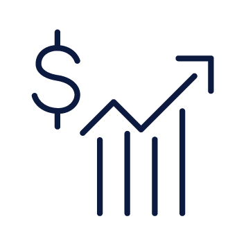 Icon of a dollar sign with an upward arrow and bar chart on a white background