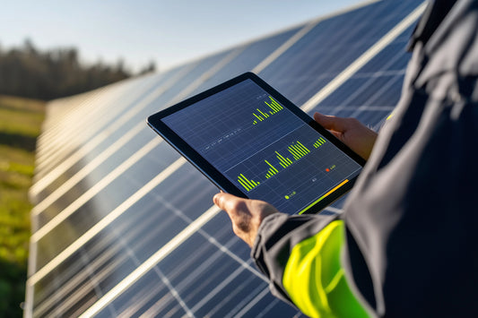 A man's hand holds an electronic tablet with a bright green bar graph on it.  In the background, a blurred out solar panel extends to the back.