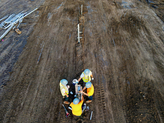 Four men wearing bright orange and yellow with light gray hard hats work to install the first steps of a solar panel site.  The background is full of freshly leveled brown dirt.