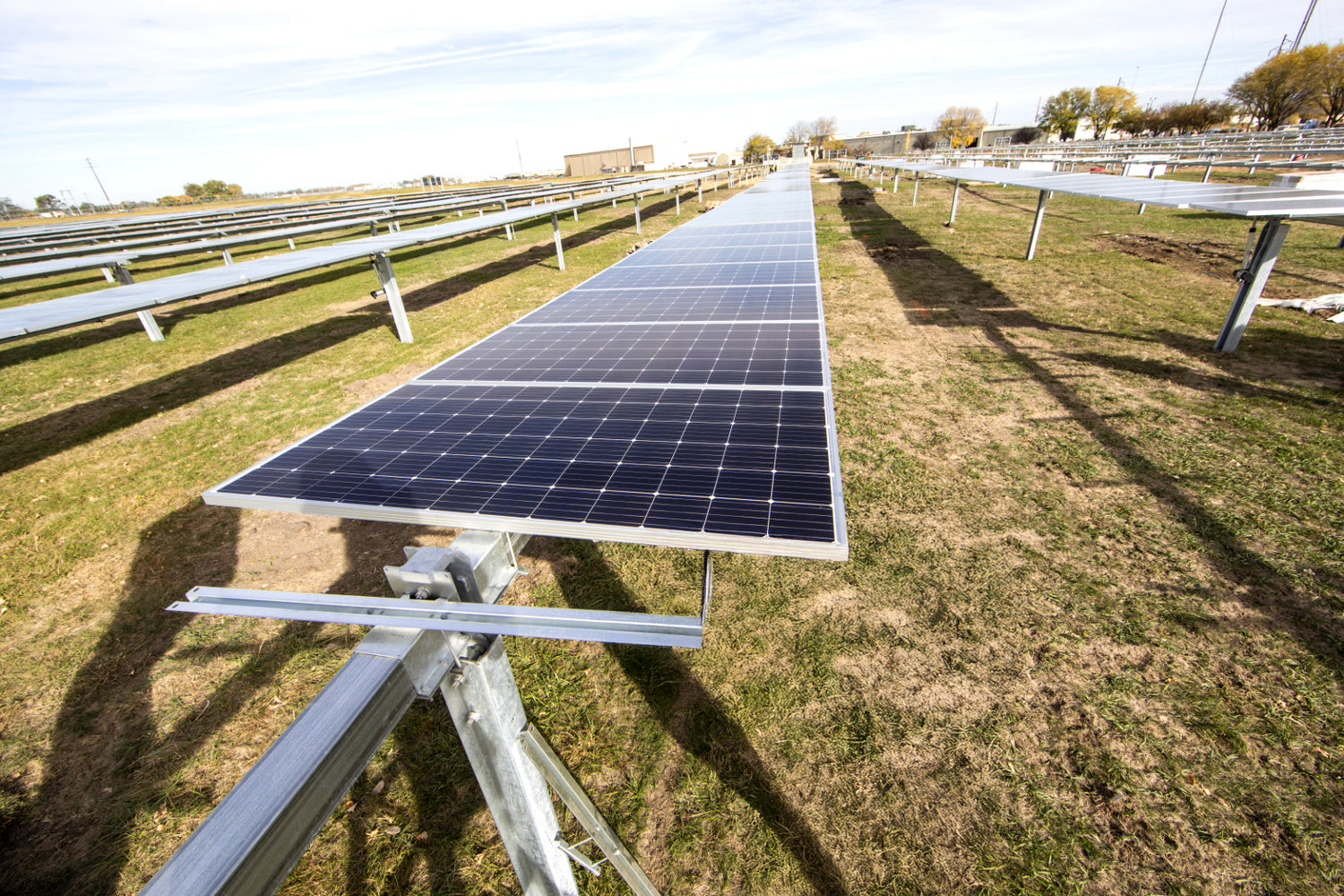 Row of solar panels on a grassy field with a clear sky.