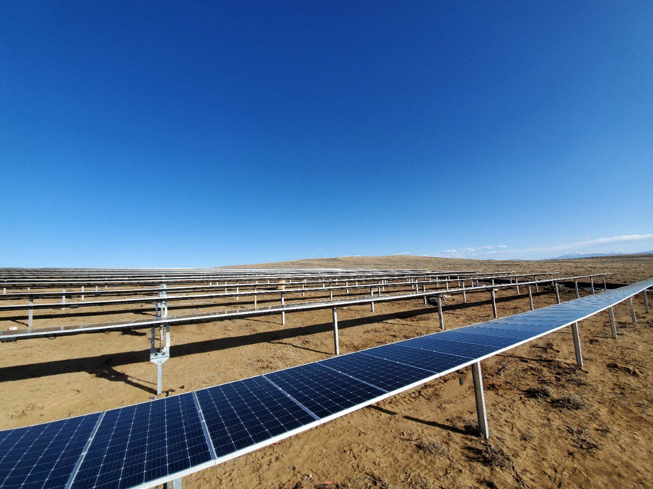 Solar panels in rows on a clear sky, sunny day.