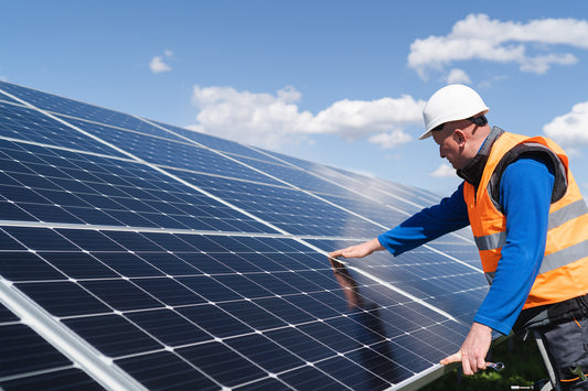 A man with a blue long sleeve, orange safety best, and white hard hat is installing a solar panel on a sunny day.