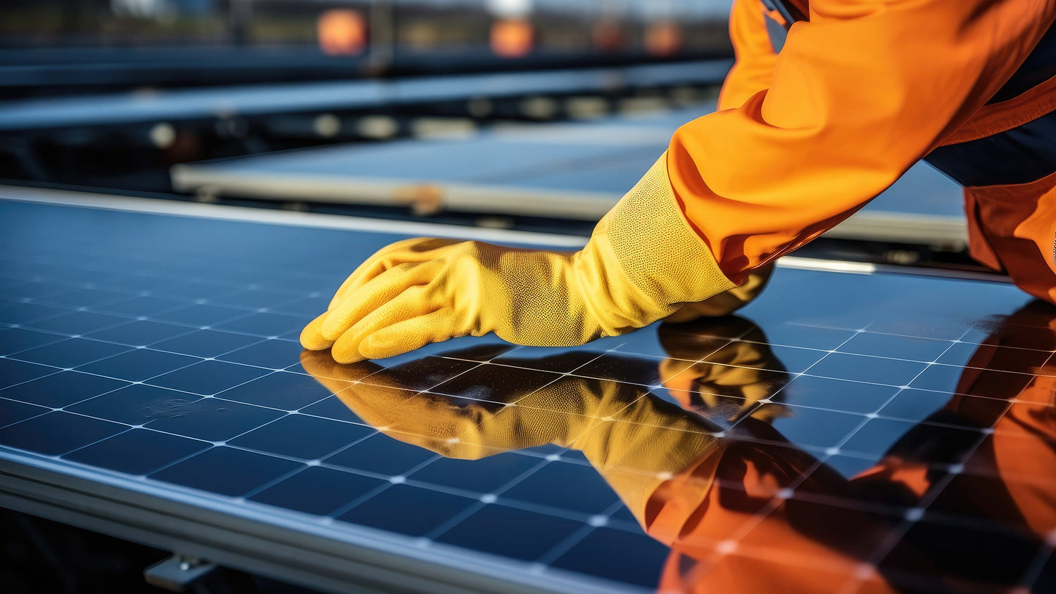 A close up photo of someone wearing a yellow glove and orange safety suit installing a solar panel.