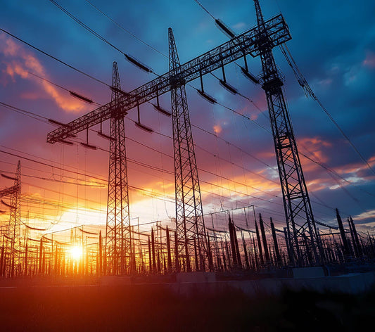 Power transmission towers with a sunset or sunrise in the background